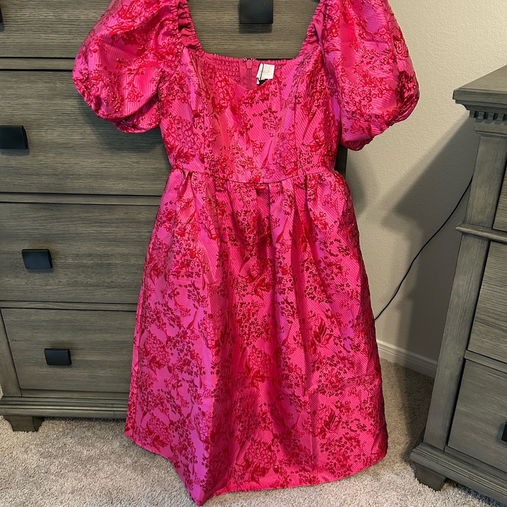 Sugarlips Pink Jacquard Puff-Sleeve Midi Dress - Picture 4 of 7